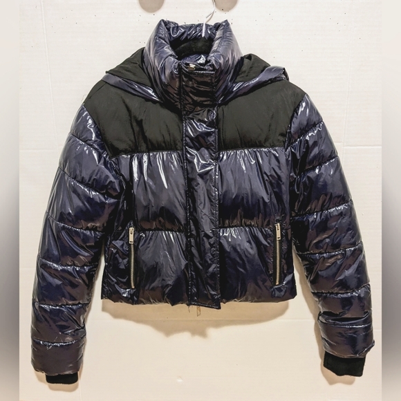 Bagatelle women blue black cropped puffer jacket xs with zip and velcro closure - Picture 2 of 11